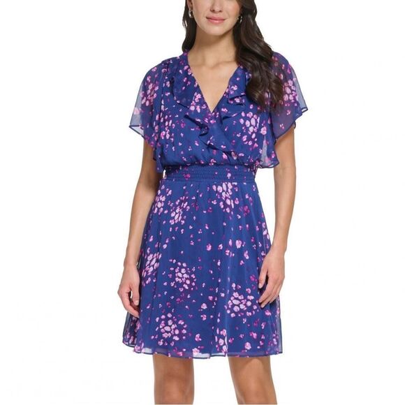 DKNY Floral Smocked Ruffle Fit & Flare Dress Size 12